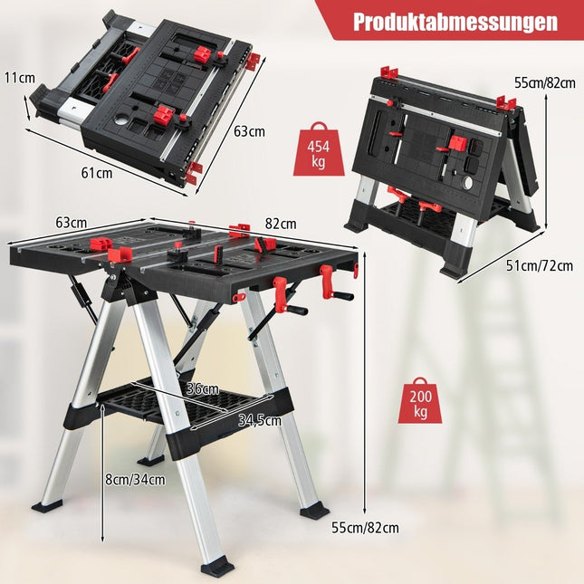 Portable folding work table with adjustable height functional clamping system