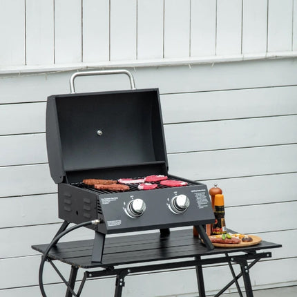 Portable gas grill in stainless steel with 2 burners, black