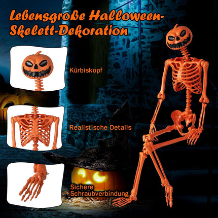 Posable 1.6m Halloween Skeleton with Pumpkin Head