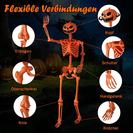 Posable 1.6m Halloween Skeleton with Pumpkin Head