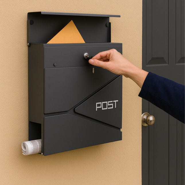 Postbox with Newspaper Slot – Matte Black Steel