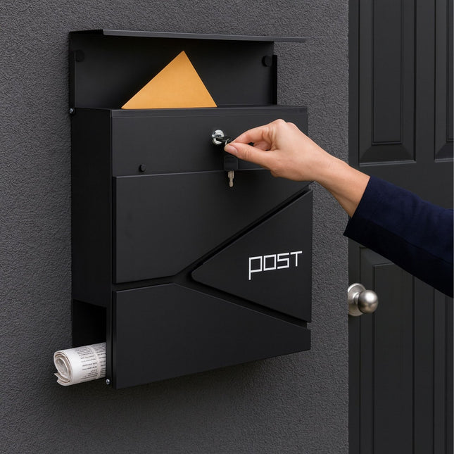 Postbox with Newspaper Slot – Matte Black Steel