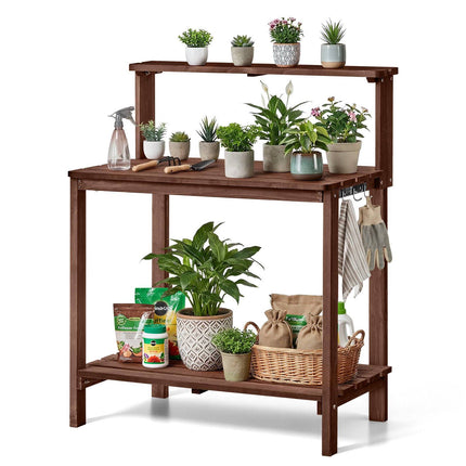 Potting Bench, Fir Wood Tabletop, 3-Tier Shelves, Hooks