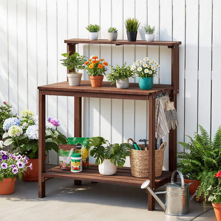 Potting Bench, Fir Wood Tabletop, 3-Tier Shelves, Hooks