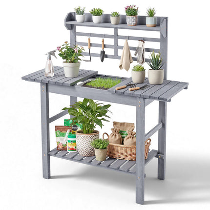 Potting Bench With Sink, Adjustable Fir Wood, Shelves