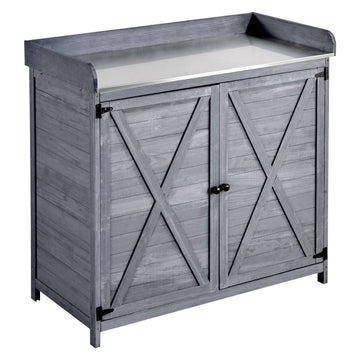 Potting Bench with Cabinet, Galvanized Top, Gray