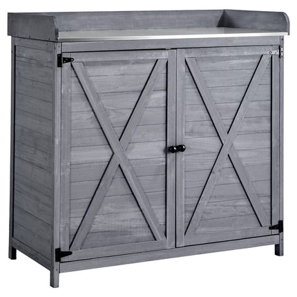 Potting Bench with Cabinet, Galvanized Top, Gray