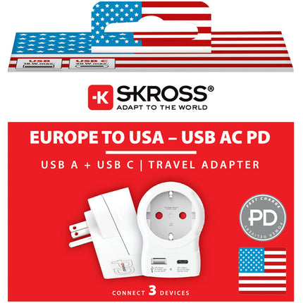 Power Adapter EU to US, USB-A/USB-C, 20W PD Grounded