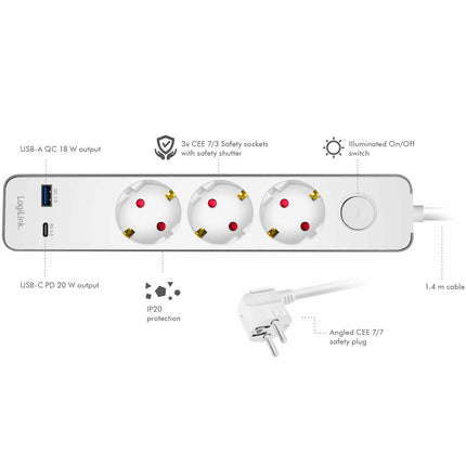 Power Strip 3-Way + USB-A/USB-C PD 20W, 1.4m, White