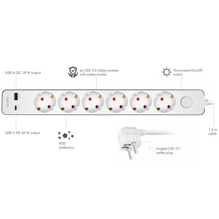 Power Strip 6-Way + USB-A/USB-C PD 20W, Switch, 1.4m, White