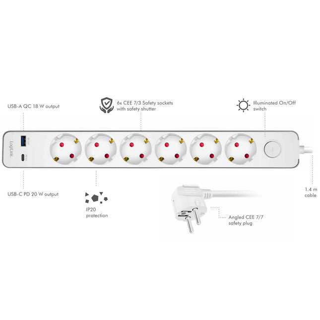 Power Strip 6-Way + USB-A/USB-C PD 20W, Switch, 1.4m, White