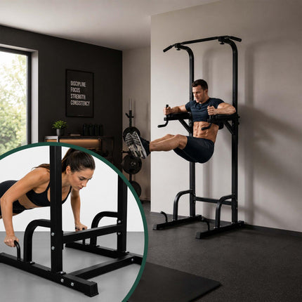 Power Tower for Home Gym, Adjustable Height, Black Steel