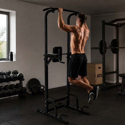 Power Tower for Home Gym, Adjustable Height, Black Steel
