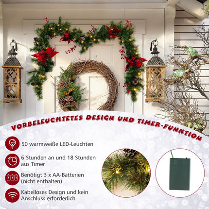 Pre-Lit Christmas Garland 270 cm, 50 Warm-White LEDs, Timer