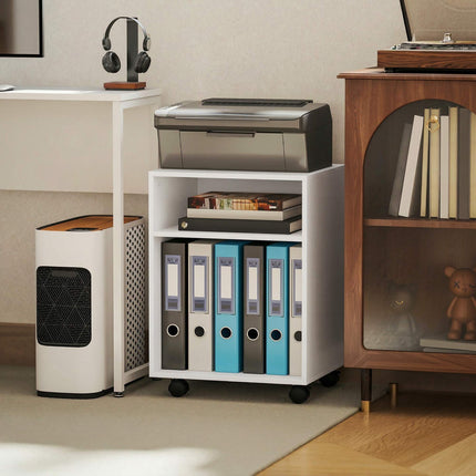 Printer Stand with 2 Shelves, Lockable Wheels, 40x35x56 cm, White