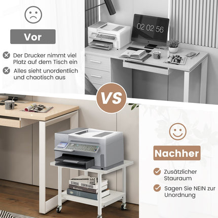 Printer Stand with 2 Tiers & Lockable Wheels, White