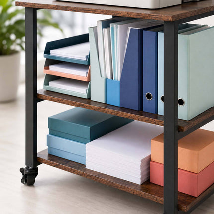 Printer Stand with Castors, Black, 3-Tier, Engineered Wood