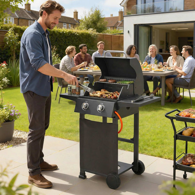 Propane Gas Grill with 2 Burners, Folding Shelves, Black