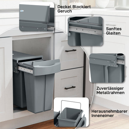Pull-Out Kitchen Trash Bin, 2 Removable Buckets, 30L, Metal