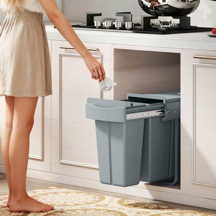 Pull-Out Kitchen Trash Bin, 2 Removable Buckets, 30L, Metal