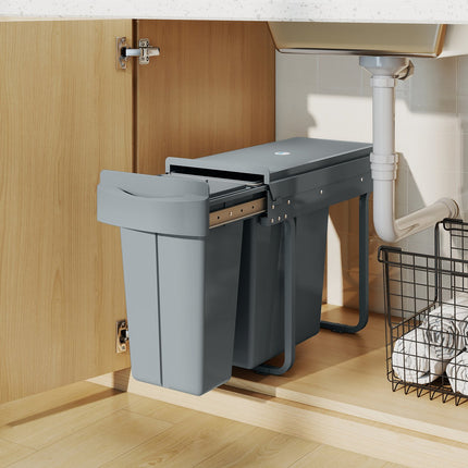 Pull-Out Kitchen Trash Bin, 2 Removable Buckets, 30L, Metal