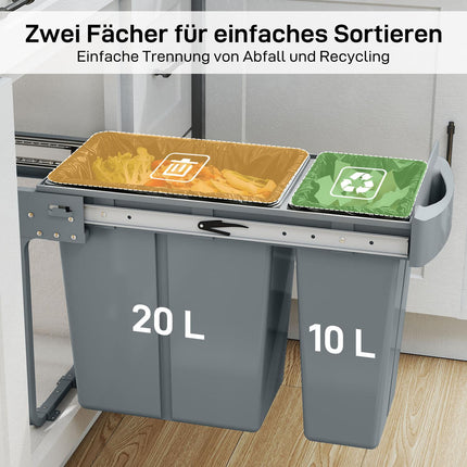 Pull-Out Kitchen Trash Bin, 2 Removable Buckets, 30L, Metal