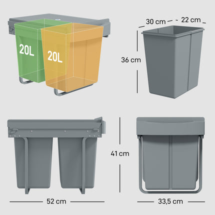 Pull-Out Trash Bin, 2x20L, Removable Bins, Gray