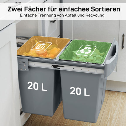 Pull-Out Trash Bin, 2x20L, Removable Bins, Gray