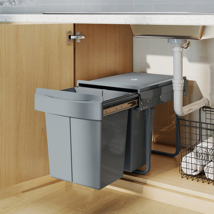 Pull-Out Trash Bin, 2x20L, Removable Bins, Gray