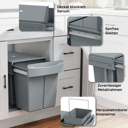 Pull-Out Trash Bin, 2x20L, Removable Bins, Gray