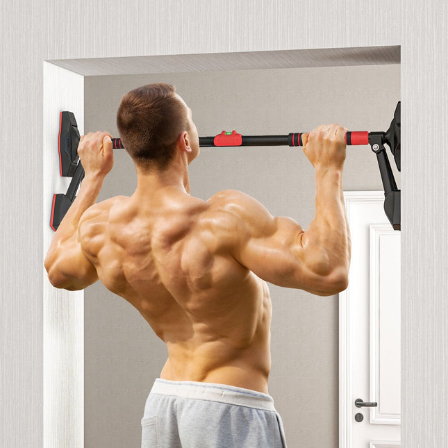 Optrekstang, verstelbare pull-ups met niveaumeter, voor deurkozijnen, met driehoekige steun, maximale belasting 225kg, zwart