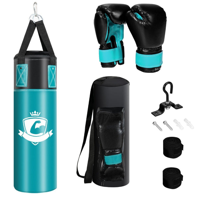 Bokszakset met 8oz bokshandschoenen, handriemen, bokszak voor kinderen en volwassenen, zwart + groen