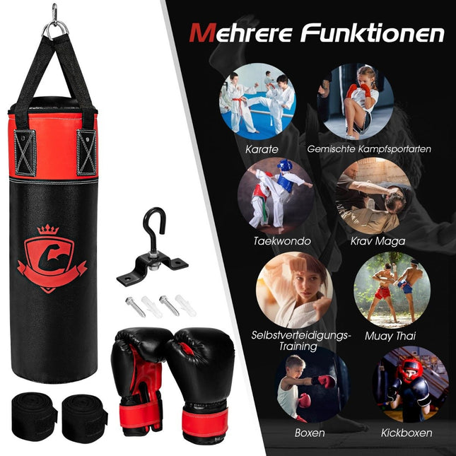 Bokszakset met 8oz bokshandschoenen, handriemen, bokszak voor kinderen en volwassenen, zwart + rood
