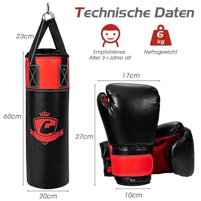 Bokszakset met 8oz bokshandschoenen, handriemen, bokszak voor kinderen en volwassenen, zwart + rood