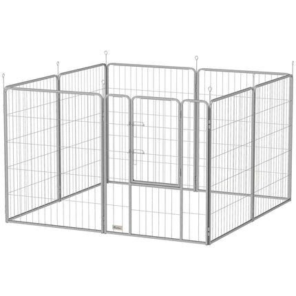 Puppyren 100 cm hoog, 8-delige hondenbox, puppybox met riem en deur, buitenverblijf voor kleine tot middelgrote honden, cavia's, konijnen, staal, zilver Aosom