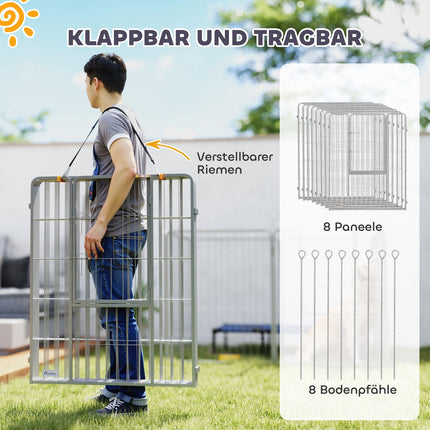 Puppyren 100 cm hoog, 8-delige hondenbox, puppybox met riem en deur, buitenverblijf voor kleine tot middelgrote honden, cavia's, konijnen, staal, zilver Aosom