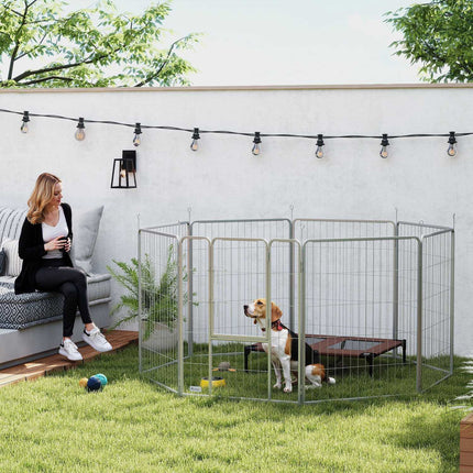 Puppyren 100 cm hoog, 8-delige hondenbox, puppybox met riem en deur, buitenverblijf voor kleine tot middelgrote honden, cavia's, konijnen, staal, zilver Aosom