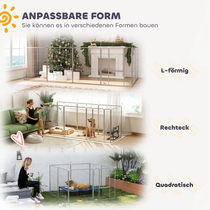 Puppyren 100 cm hoog, 8-delige hondenbox, puppybox met riem en deur, buitenverblijf voor kleine tot middelgrote honden, cavia's, konijnen, staal, zilver Aosom