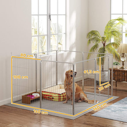 Puppyren 100 cm hoog, 8-delige hondenbox, puppybox met riem en deur, buitenverblijf voor kleine tot middelgrote honden, cavia's, konijnen, staal, zilver Aosom