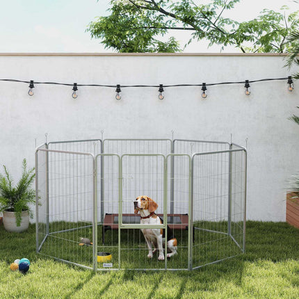 Puppyren 100 cm hoog, 8-delige hondenbox, puppybox met riem en deur, buitenverblijf voor kleine tot middelgrote honden, cavia's, konijnen, staal, zilver Aosom
