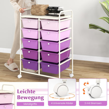 Purple Rolling Cart with 10 Stackable Drawers, Metal Frame