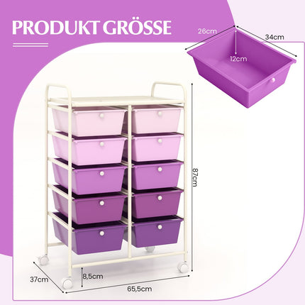 Purple Rolling Cart with 10 Stackable Drawers, Metal Frame