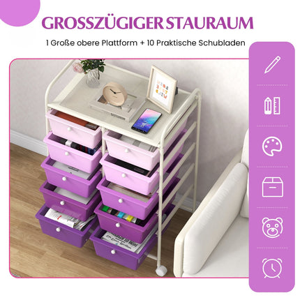 Purple Rolling Cart with 10 Stackable Drawers, Metal Frame