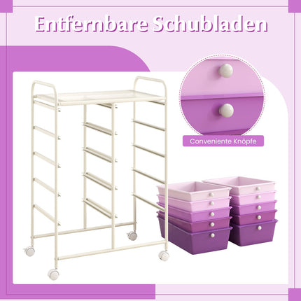 Purple Rolling Cart with 10 Stackable Drawers, Metal Frame