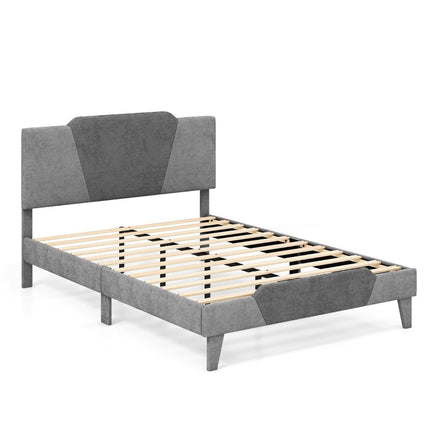 Queen Platform Bed Frame, Velvet Upholstered Headboard, 140x200 cm, Grey