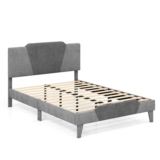 Queen Platform Bed Frame, Velvet Upholstered Headboard, 140x200 cm, Grey