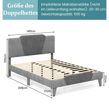 Queen Platform Bed Frame, Velvet Upholstered Headboard, 140x200 cm, Grey