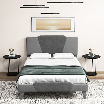 Queen Platform Bed Frame, Velvet Upholstered Headboard, 140x200 cm, Grey