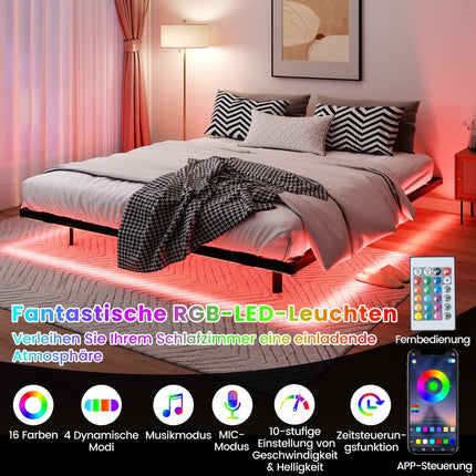 Queen Size Floating Bed Frame with LED Lights, Metal, 160x200 cm