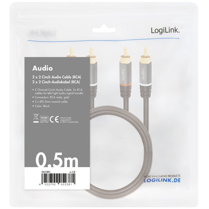 RCA Audio Cable, 2x RCA Male to 2x RCA Male, 0.5m, Gold-Plated
